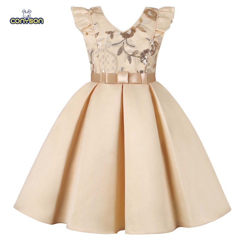 Conyson New Little Flying Sleeve Wholesale Embroidery Children Sequin Dress Skirt Festive Party Princess Fancy Girls Dress