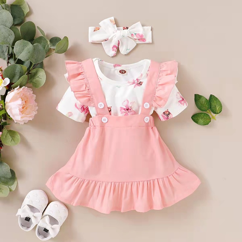 Conyson New Design Wholesale Summer Organic Cotton Short Sleeve Floral Patterns Cute Pink 3pcs Baby Girls Set