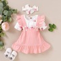 Conyson New Design Wholesale Summer Organic Cotton Short Sleeve Floral Patterns Cute Pink 3pcs Baby Girls Set