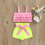 Conyson Wholesale Fashion Boutique Sleeveless Ruffle Cute Top Shorts Summer Girl Clothing Suits Summer Short 3pcs Outfits