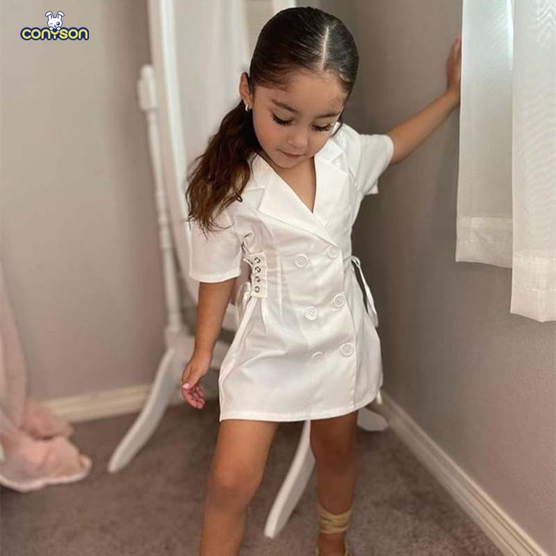 Conyson Summer Black White Jacket Solid Dress Short Sleeve Lapel Buttons Bandage Waist Blazer Baby Girls Clothes Dresses
