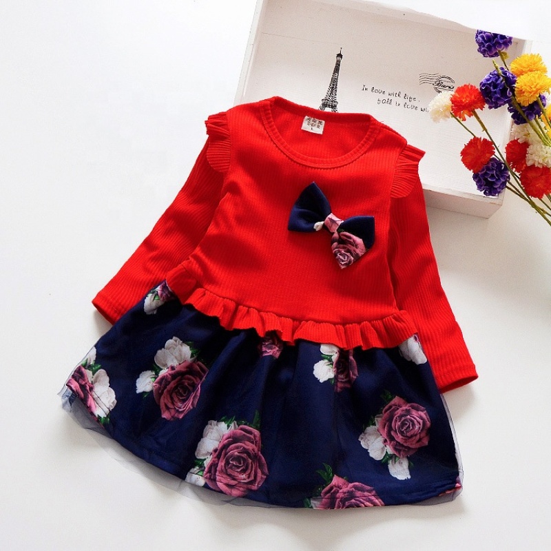 2021 New Girls Casual Little Floral Dresses Cute Bow Baby Girl Fall Clothes Girls Long Sleeve Dress