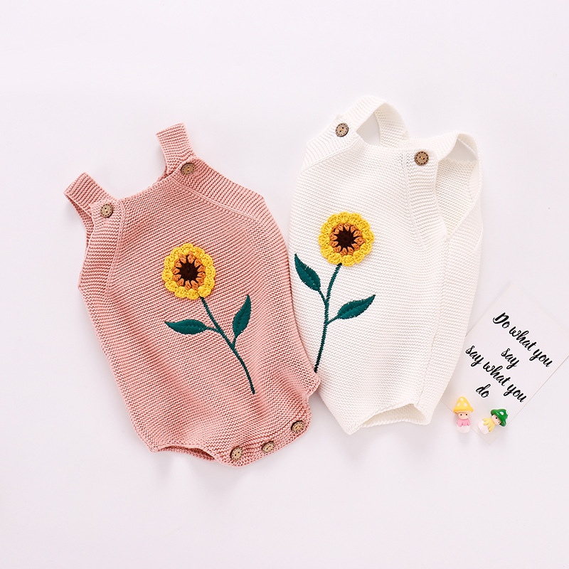 Conyson Wholesale New Toddler Kids Baby Girls Clothes Sunflower Cotton Knitted Hand Knitting Triangle Jumpsuit Woolen Rompers