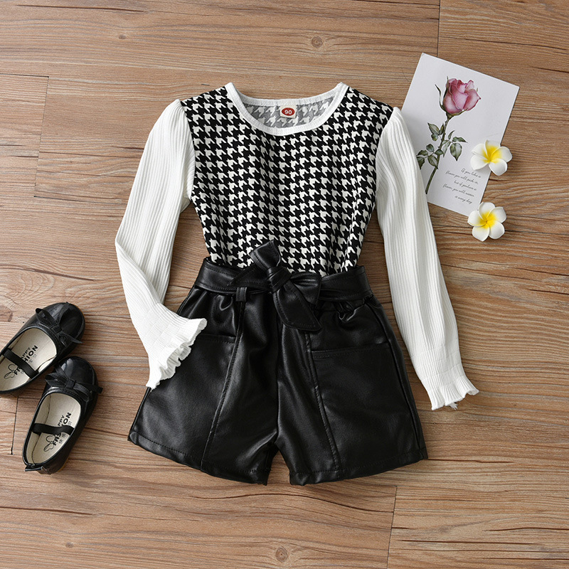 Conyson Winter Hot Sale Children Clothes Knit Long Sleeve Houndstooth Top Leather Shorts Belt Two Piece Elegant Girls Outfits