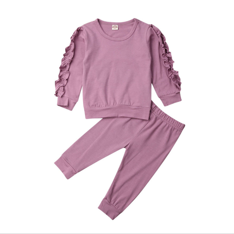 Custom Logo Girl Clothing Solid Colors Ruffles Pleated Long Sleeve Tops Pants Two Piece Outfits Cute Pajamas Sleepwear Sets