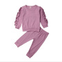 Custom Logo Girl Clothing Solid Colors Ruffles Pleated Long Sleeve Tops Pants Two Piece Outfits Cute Pajamas Sleepwear Sets
