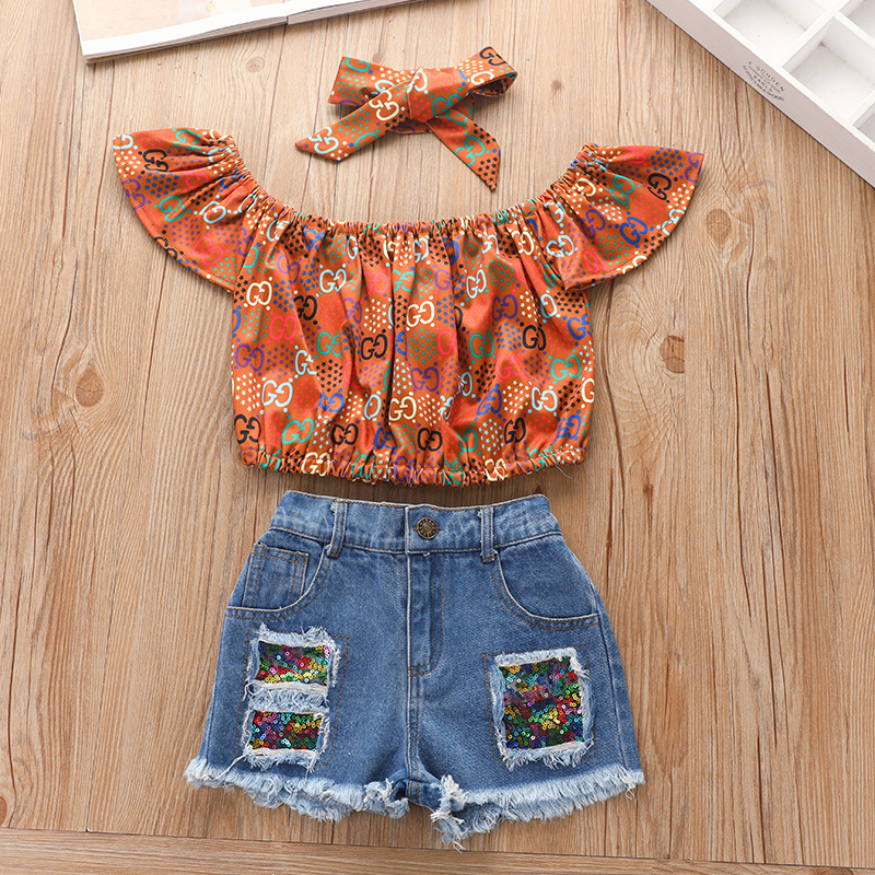 2021 New Product Printed Pullover Denim Shorts Set Europe And America Summer Three-piece Children  Clothing Girls Hot Pants Suit