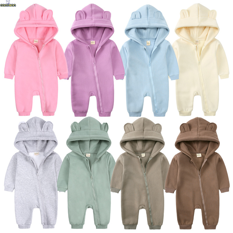 Conyson autumn fashion designer custom logo newborn baby boy long sleeve clothe girl winter zipper cotton hoodie clothing romper