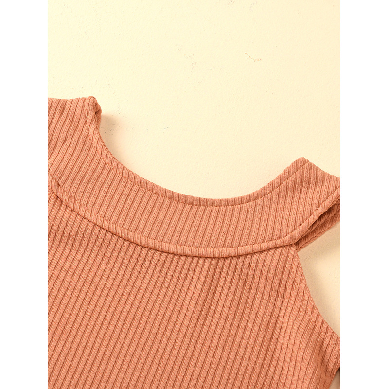 Hot Selling Knitted Children's Wear Suit Girls' Autumn Clothing Set Solid Color Round Neck Strapless Top Denim Set