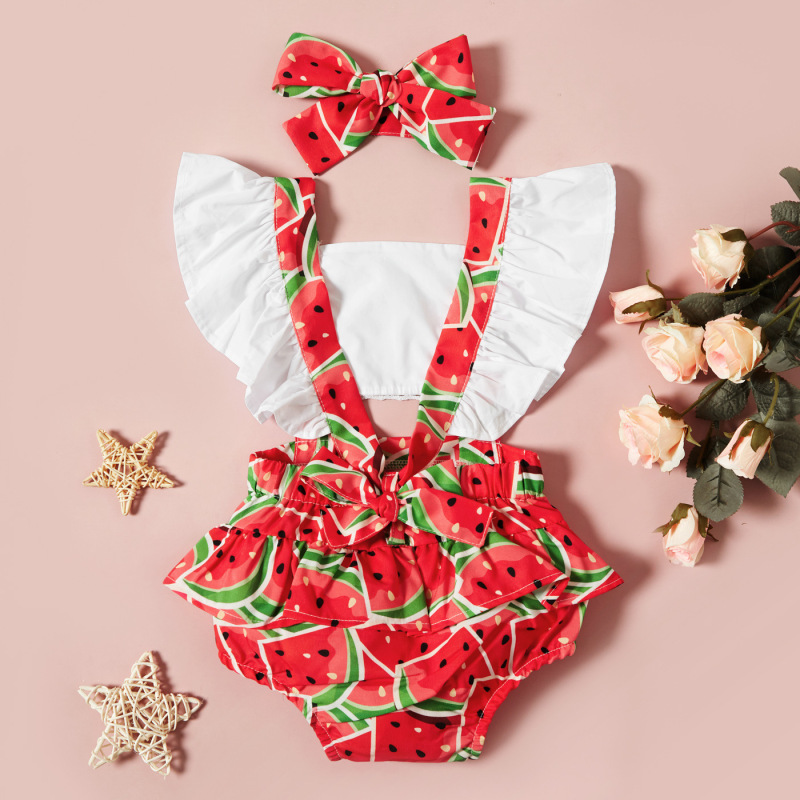 Newborn Baby Girls Ruffle Fly Sleeve Jumpsuits Baby Girl Watermelon Print Romper Baby Girls Bodysuits