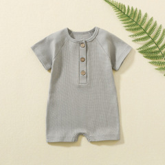 Conyson Wholesale Customize Baby Clothes Solid Cotton New Born Summer Knitted Unisex Spanish Sweatshirt Short-Sleeve Baby Romper