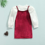 Conyson New Spring New Arrival Girls Fashion 2 Pieces Solid Long Puff Sleeve Knit T Shirts+Velvet Straight Suspender Dress