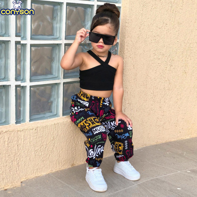 Conyson Newest 2023 Black Sleeveless Slip Short Top+Long Scrawl Pants Colorful Summer Baby Girl 2 Pieces Kids Clothing Girl Sets