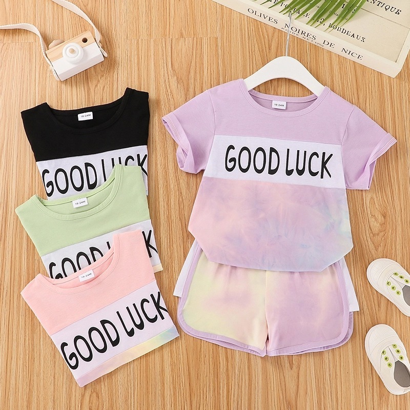 Conyson hot sale Children's summer Tie Dye Girls T-shirt Set 2pcs Custom Logo Short Sleeve T-shirt Shorts girl clothes Sport Set