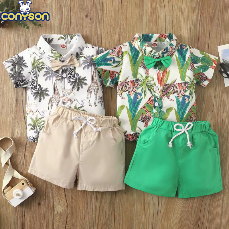 Conyson Stock Lots Spring Autumn Short Sleeve Western Style Baby Boy High Quality New Design Casual Two Piece Cartoon Shorts Set