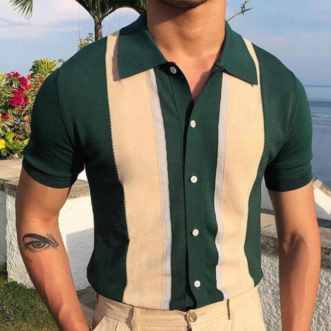 Conyson Summer Men's Short-sleeved Knitted Casual POLO Shirts Contrast Color Slim Lapel Custom Ice Silk POLO Men Clothes T-shirt