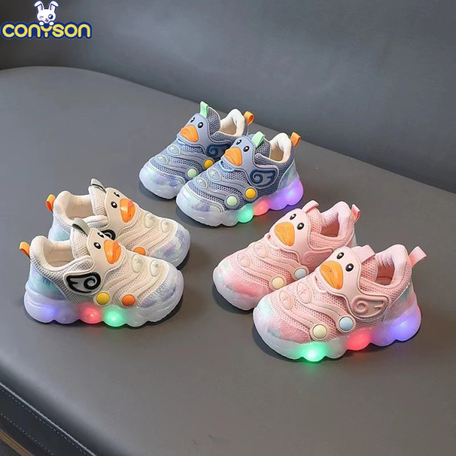 Conyson Latest Design Spring Summer Hook & Loop Low Top Breathable Kids Girls Boys Cartoon Led lights Casual Sports Shoes