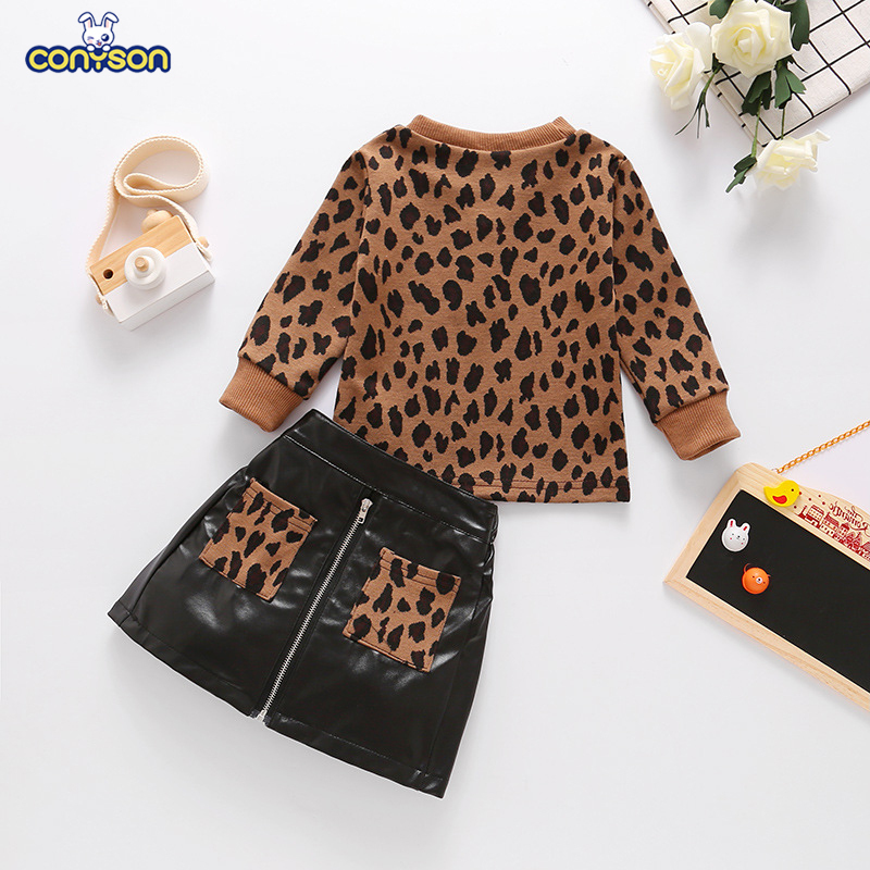 Conyson Winter High Quality Pullover Brown Leopard Print Yarn-dyed Top + Leather Zipper Skirt 2Pcs Clothing Sets For Baby Girls