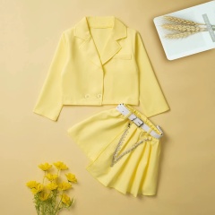 Conyson Latest Design Spring Autumn 3 to 8 Years Old Solid Candy Color With Belt Girl Children Kids Two Piece Short Sets