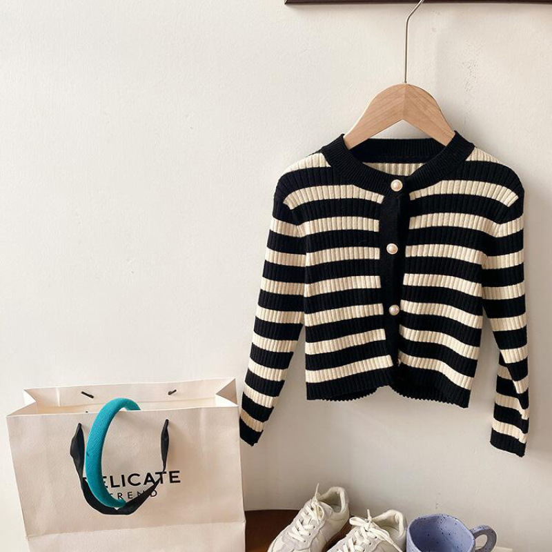 Conyson organic kids clothes spring personalized kids-designer-clothes vintage velvet core yarn striped knitted girls coat