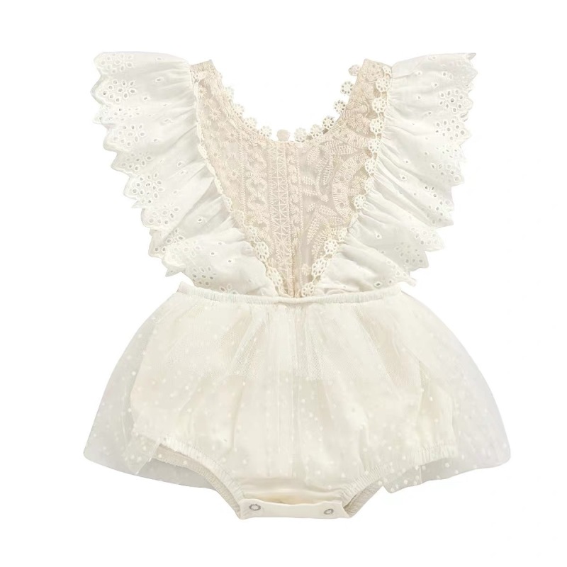 Custom Snap Button Sleeveless Lace Tulle Baby Girls Dresses Summer Romper Baby Newborn