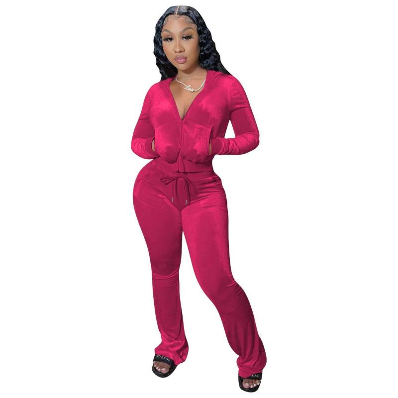 Hot Sale Fall Women's hoodie Set Zipper Pocket Crop Top Jacket Velvet Jogging suit Velour tracksuits Women Two Piece set