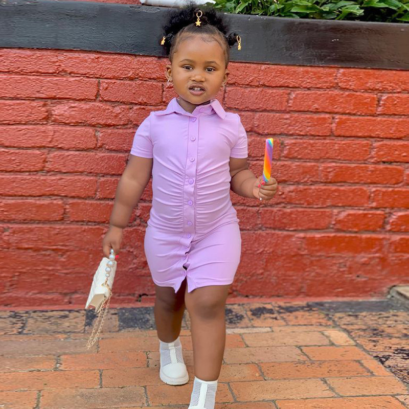 Conyson Hot Sale Summer Kids Clothes Sexy Tight Button Solid T-shirt Little Girls Custom Casual Short Sleeve Dress New For Kids