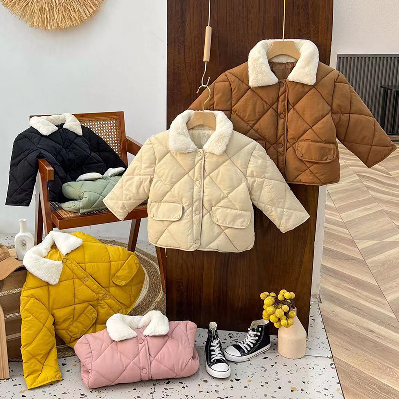 Loose Down Cotton Padded Jacket Baby Boy Girl Clothing Solid Color Diamond Plaid Fleecy Wool Collar Coat