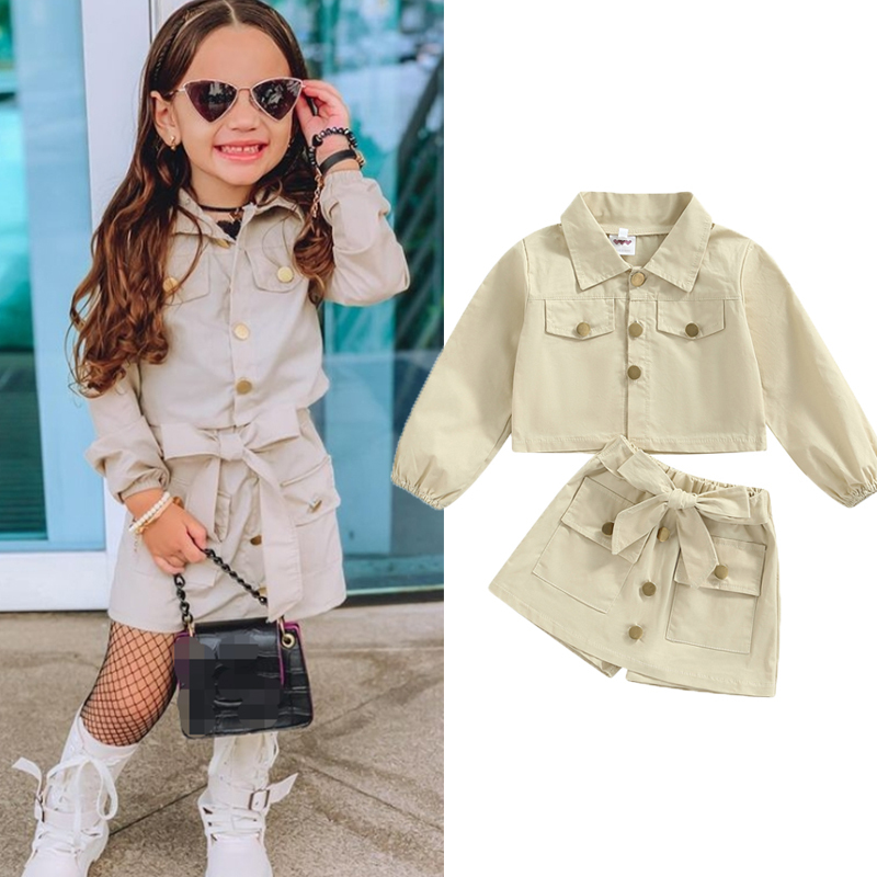 Conyson Boutique Kids Girls Clothing Sets Solid Jacket Shorts 2 Piece Casual Single Breasted Long Sleeve Top Short Girls Suits