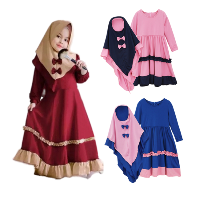 High Quality Islamic Clothing Muslim Girls Eid Dress Abaya Kids Conservative Long Skirt Bow Scarf Solid Color Ruffles Two Pieces