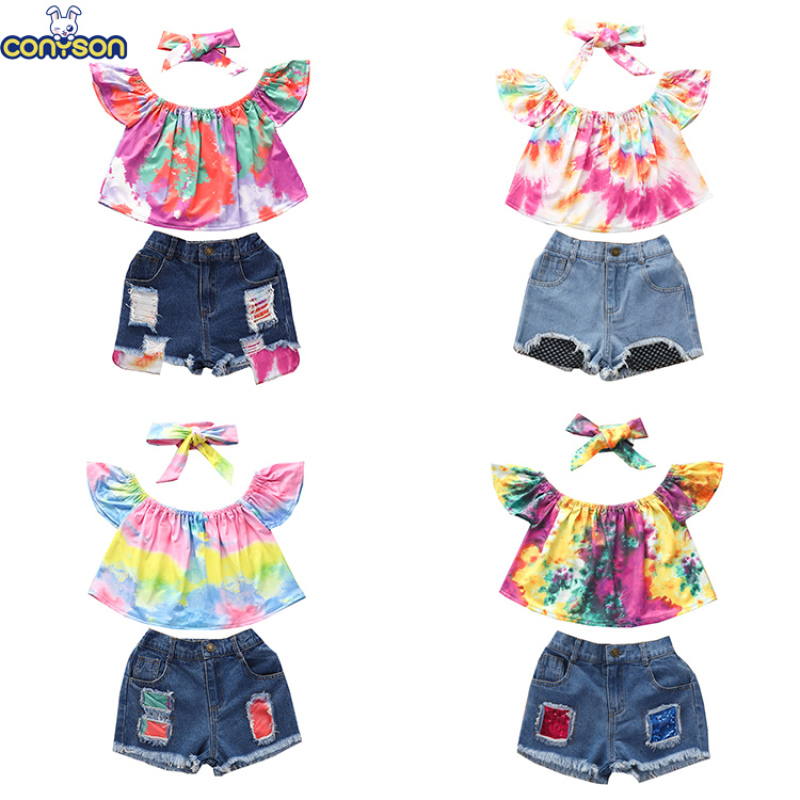 Conyson Wholesale Hot Sale Summer Kids Clothes Tie-dyed Print Fantasy Short Sleeve Pullover Denim Shorts Headband 3pcs Sets Kids