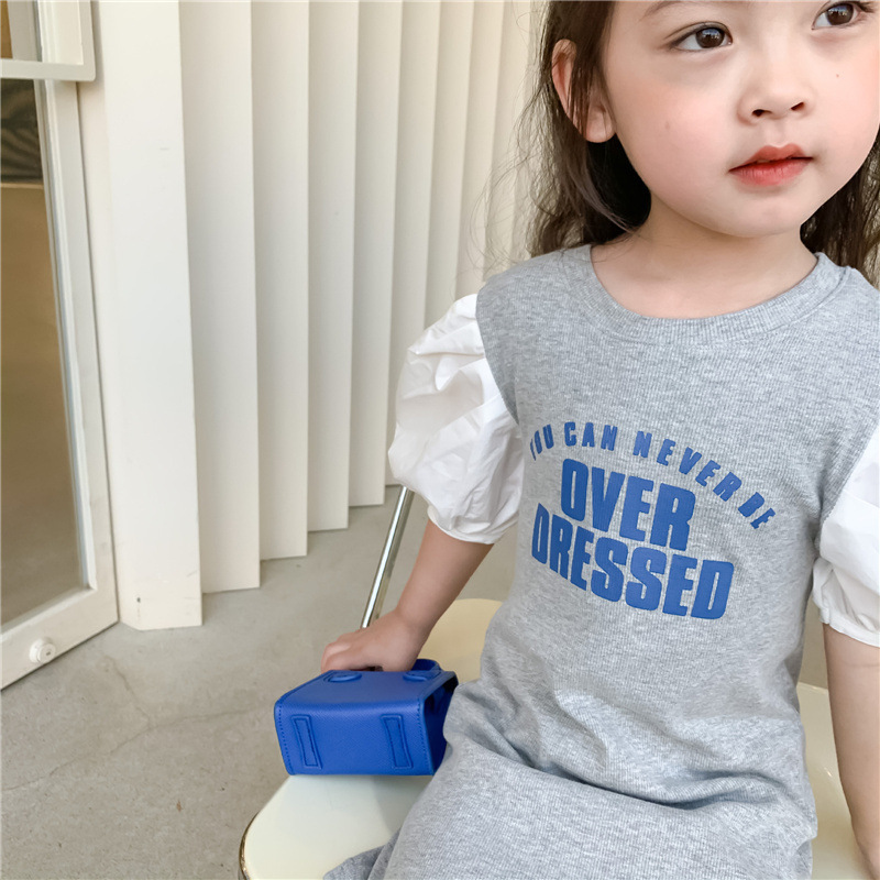 2021 New Summer Fashion Kid Girl White Puff Short-Sleeve Tight Dress Letter Printed Gray Black girls T-shirt