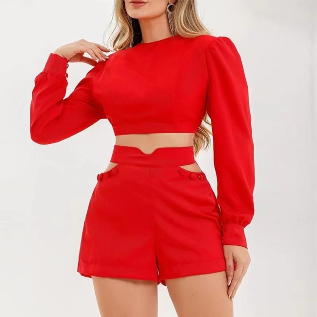 Conyson New Arrivals Spring Autumn Plain Crop Top Hollow Out Comfy leisure Wear Women's Polyester Set 2-piece Button Short Set