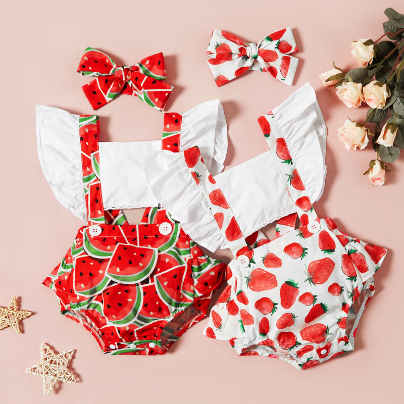 Newborn Baby Girls Ruffle Fly Sleeve Jumpsuits Baby Girl Watermelon Print Romper Baby Girls Bodysuits