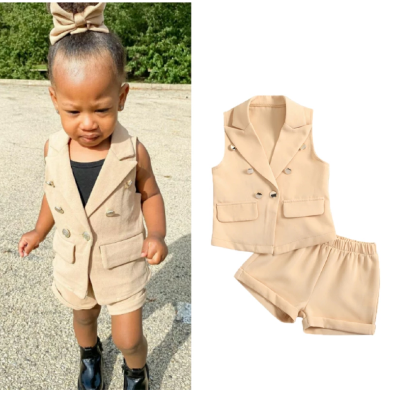 Conyson Wholesale Summer Casual Girl Solid 2pcs Outfits Short Sleeves Shirt  Shorts Children's Girls 2 Piece Elegantly Suits