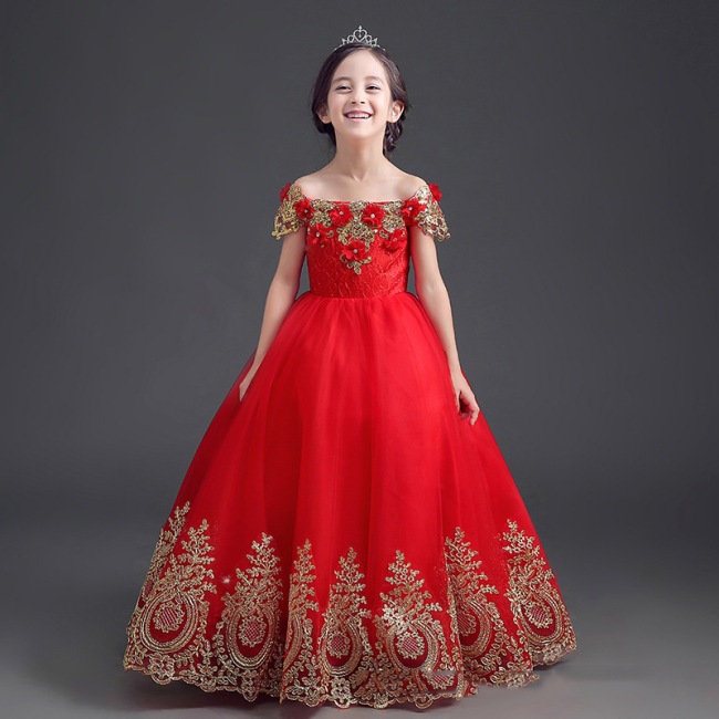 Luxury V Neck Red Short Sleeve Wedding Dress Flower Girl Dresses Kids Apparel Clothes Girl Dress
