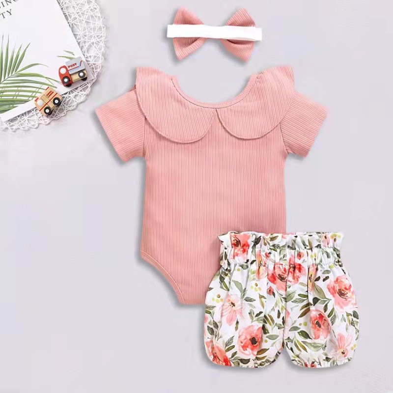 Conyson Wholesale 2021 Summer Rompers Outfits Girls Sets Summer Boutique Knitted Floral Patterns Baby Girl Clothes Set