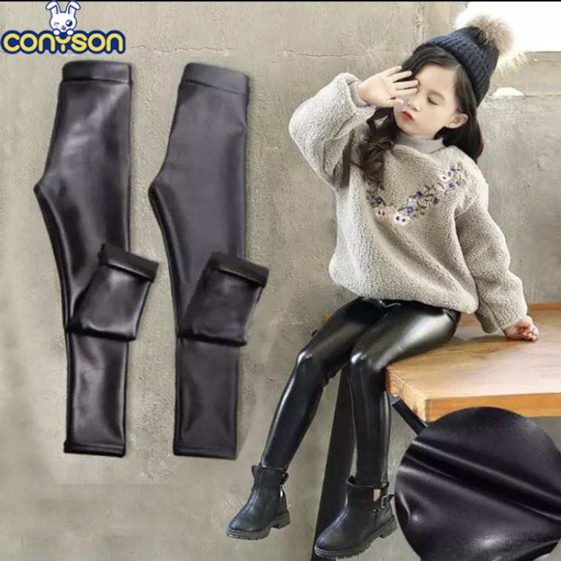 Conyson Hot Kids Clothes Velvet Leggings Pencil Pants Children Warm Trousers Faux PU Leather Legging Slim Leather Pants