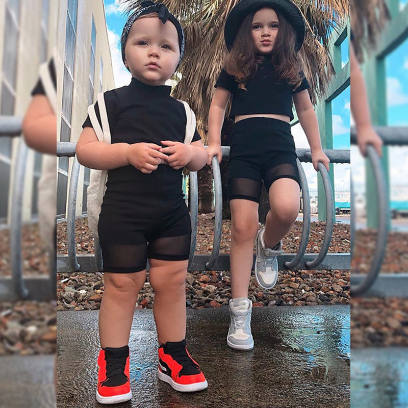 Conyson Hot Sale Kid Clothes Summer New Short Sleeves Black Solid Lace Top Shorts 2Pcs Fashion Children Causal Custom Outfit