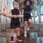Conyson Hot Sale Kid Clothes Summer New Short Sleeves Black Solid Lace Top Shorts 2Pcs Fashion Children Causal Custom Outfit