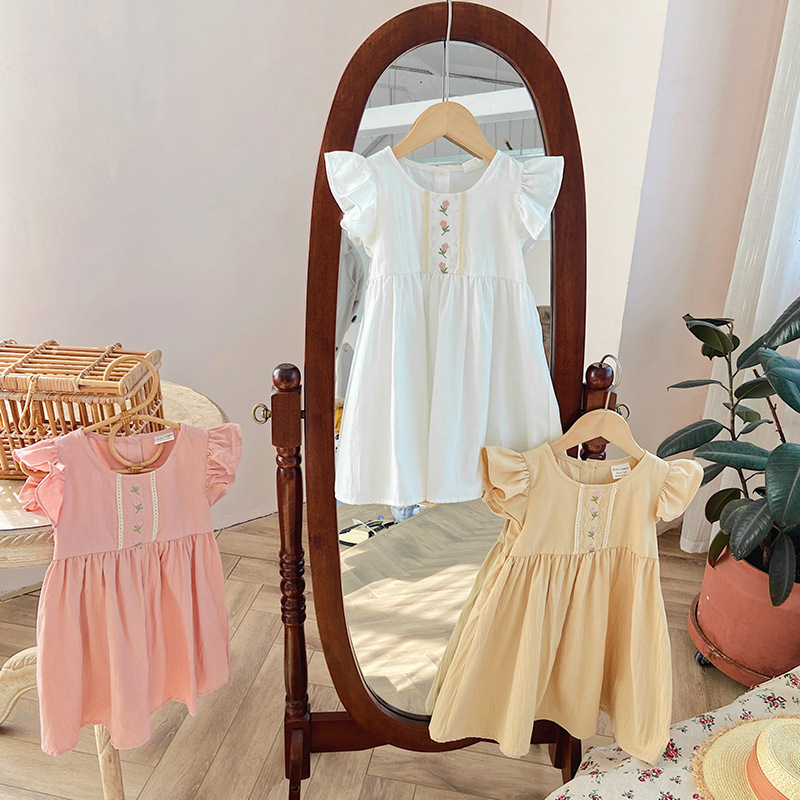 Conyson Wholesale 2023 Embroidery Summer Ruffle Flower Casual 2-8 Years Fairy Flying Sleeve Formal Wedding Kids Princess Dress