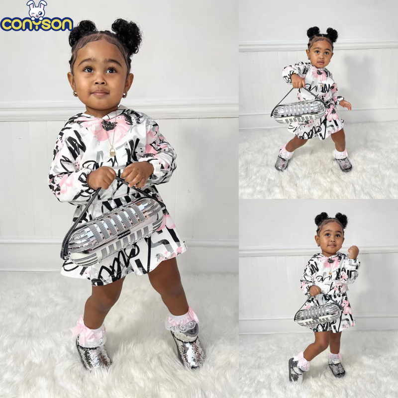 Conyson Hot Wholesale Europeon Style Spring Autumn Letter Printing Design Hoodie Long Sleeve Girls Kids Two Piece Skirt Sets