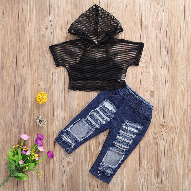 Conyson Girls Clothes Suits Short Sleeve Hoodie Mesh Hollow Out Sweats Black Vest Ripped Jeans Long Pants 3pcs Girl Tracksuits