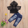 Conyson Girls Clothes Suits Short Sleeve Hoodie Mesh Hollow Out Sweats Black Vest Ripped Jeans Long Pants 3pcs Girl Tracksuits