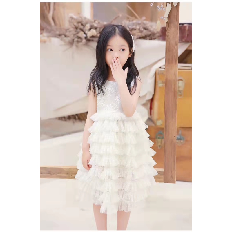 Conyson Wholesale Summer New Design Boutique Mesh Embroidery White Flower Ball Gown Girls Party Dresses