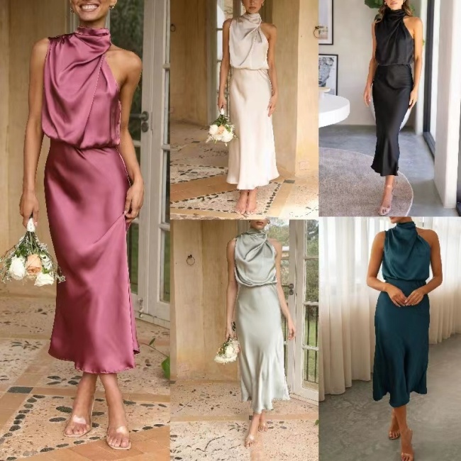 Conyson New Arrival Summer Wholesale Women Solid Sleeveless Halter Ruffle Special Occasions Elegant Women's Satin Dresses