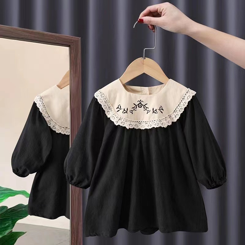 Conyson Stock Lots 3-8 Year Old Long Sleeve Frocks Designs Turn-down Collar Kids Flower Princess Fancy Baby Girls Casual Dress