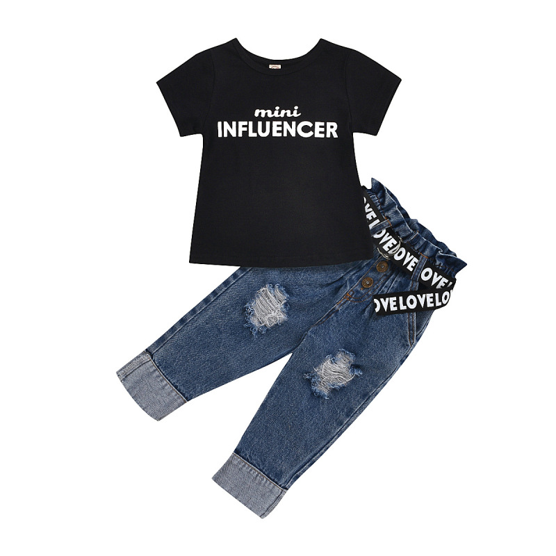 Summer Children Girl 2-piece Clothing Set Cute Black Short Sleeve Letter Shirt Distressed Jeans With Letter Belt