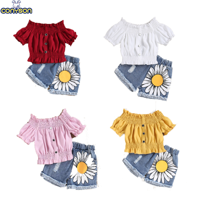 Conyson Wholesale Hot Sale Summer Newborn Fashion Children's Set 2-7Y High Elastic flower denim Shorts Girl 2 Pieces Shorts Set