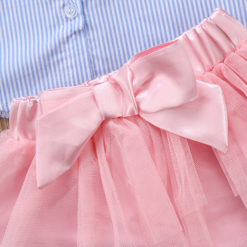 Conyson Stripe Blouse+Tutu Mesh Skirt Outfit Sets Turn-down Collar Long Sleeve Shirt Pink Tulle Dresses Baby Girls 2pcs Suit Set